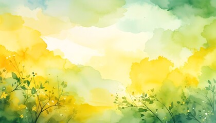 Fototapeta premium Watercolor depiction of a vibrant, sunlit landscape with merging shades of yellow and green