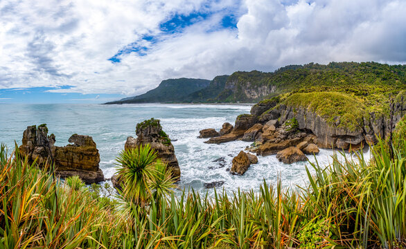 Pancake Rocks in Punakaiki, Paparoa-Nationalpark, Neuseeland &ndash; geschichtete Kalksteinformationen an der K&uuml;ste der Tasmansee