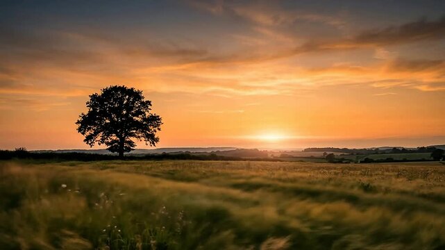 Serene sunset over a lone tree in open field landscape