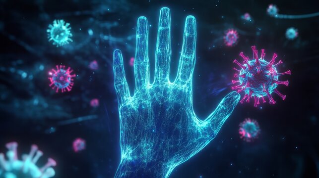 Futuristic glowing hand with vibrant particles and microorganisms floating around digital representation of human immune system protection biotechnology concept with colorful neon light in dark space