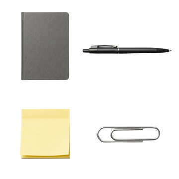 Minimal office stationery set with notebook pen sticky note and paperclip