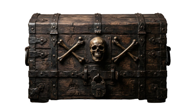 Old wooden pirate treasure chest with skull and crossbones isolated on transparent background
