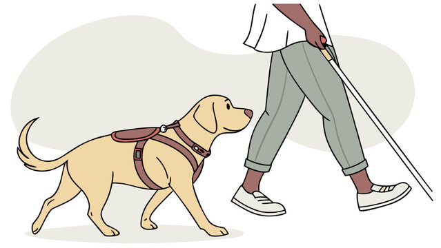 Visually impaired person walking with white cane and guide dog vector illustration for International White Cane Safety Day on light backgroun