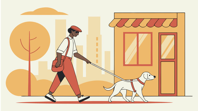 Blind man walking on city street with white cane and guide dog vector illustration for International White Cane Safety Day on beige background