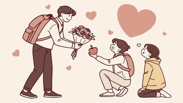 Happy students giving flowers and apple to male teacher vector illustration for World Teacher's Day on beige background with hearts