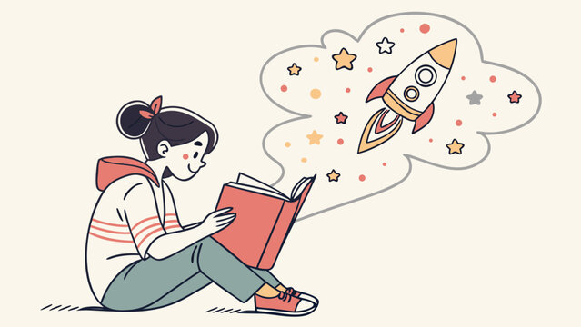 Young girl reading book dreaming about space rocket vector illustration for International Day of the Girl Child on light background