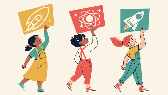 Empowered young girls holding science and space signs vector illustration for International Day of the Girl Child on beige background