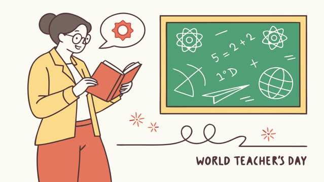Female teacher reading book near chalkboard with drawings vector illustration for World Teacher's Day on light background