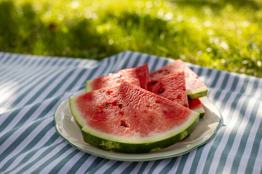 Sliced Juicy Watermelon on Plate on Blue and White Striped Picnic Tablecloth in Summer Garden