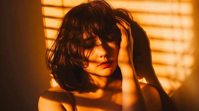 Woman bathed in warm sunlight, resting head, casting shadow on wall. Blinds create lines