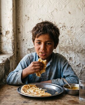 A young boy in a blue shirt sits at a rustic wooden table by a window, holding a piece of flatbread while eating a simple meal served on a metal plate.