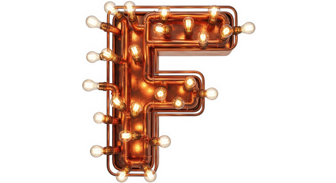 Letter F made of dark metal with glowing warm light bulbs isolated on transparent background