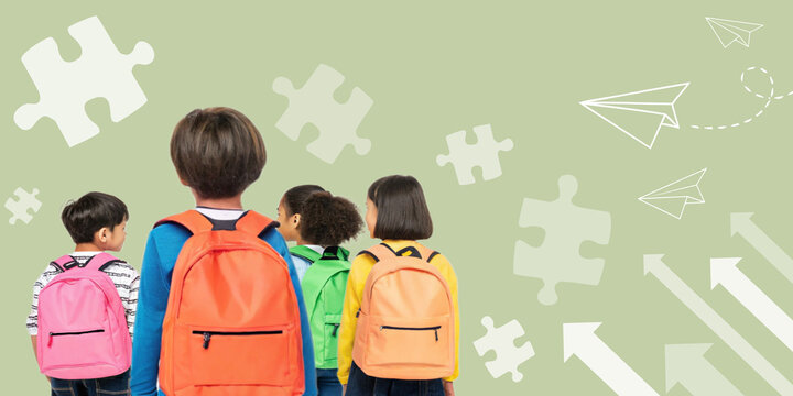 Journey back to school and growing in learning with a group of students wearing colorful backpacks