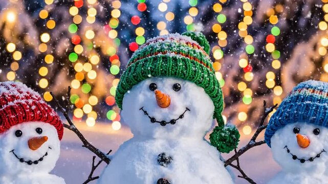 Three cute snowmen wearing knitted hats in snowy winter forest