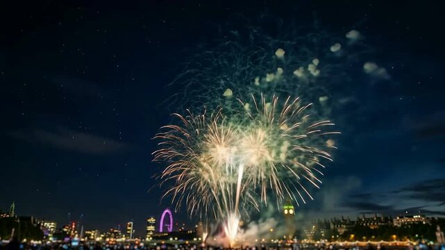 Spectacular Fireworks Display Over City Skyline at Night