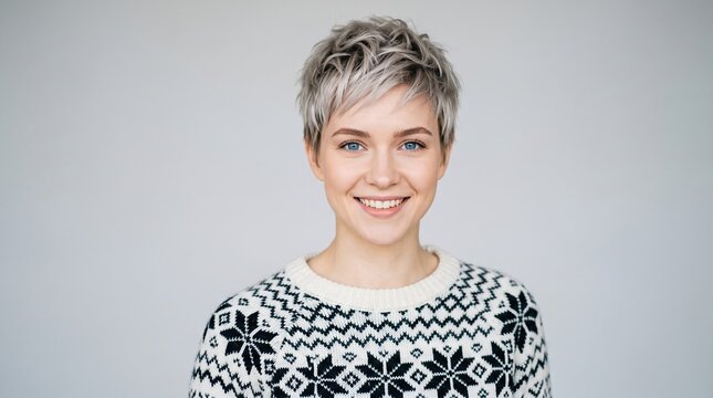 Young woman with short pixie hair wearing a winter sweater with a nordic pattern portrait clothing background