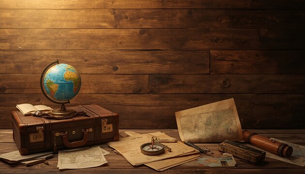 Vintage Travel Concept with Suitcase, Compass, Glass Globe, Maps, Tickets and Postcards on Rustic Wooden Background, Adventure and Tourism Flat Lay