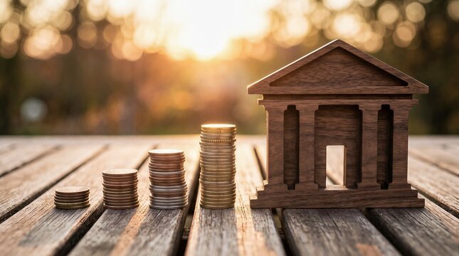 Wooden Bank Model With Increasing Coin Stacks On Wooden Table At Sunset