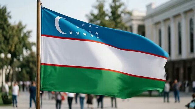Uzbekistan National Flag Flying Outdoors with People and White Building