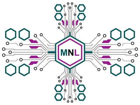 Network Diagram Icon with Geometric Hexagon Nodes and Circuit-Like Lines, Featuring an Mnl Badge at the Center on a Clean White Background