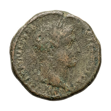 Ancient weathered bronze coin macro on transparent background