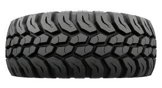 Black off road rubber car tire with deep tread pattern isolated on transparent background