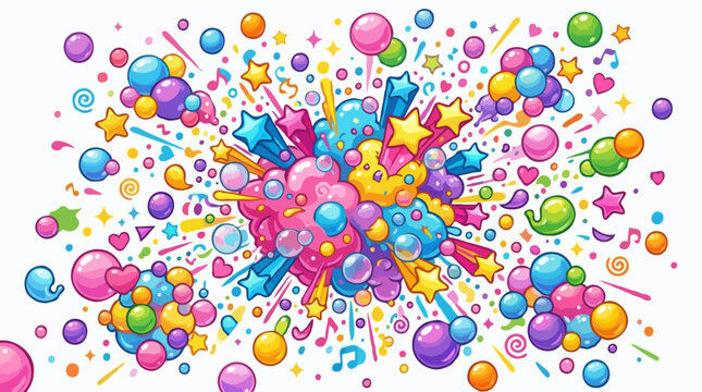 A vibrant explosion of colorful party elements, including balloons, confetti, stars, and musical notes, creating a festive and joyful atmosphere