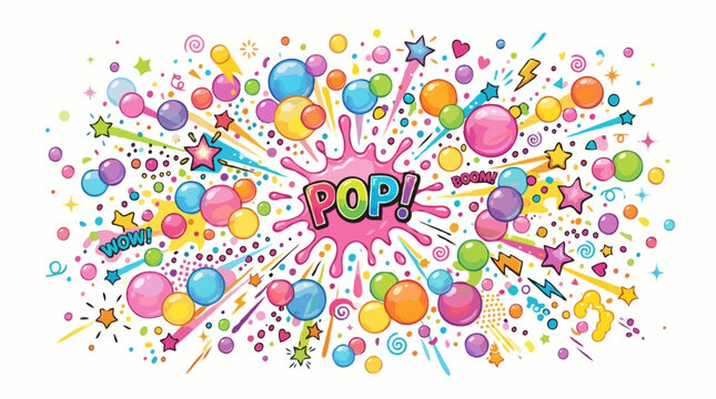 An explosion of vibrant colors and fun shapes, with the word POP! at the center, surrounded by balloons, stars, and confetti