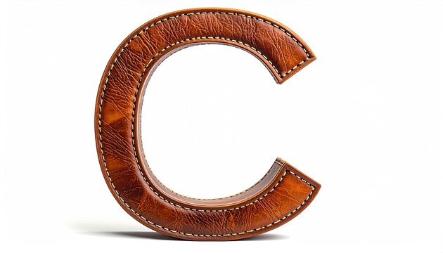 Brown Leather Letter C with Stitching on White