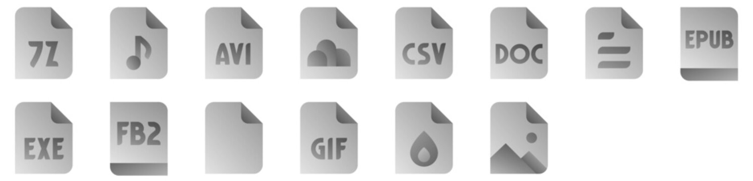 File Types Icon Set &mdash; format, data, filetype, extension, document, music, storage, compression, text, image, page. Vector icon pack.