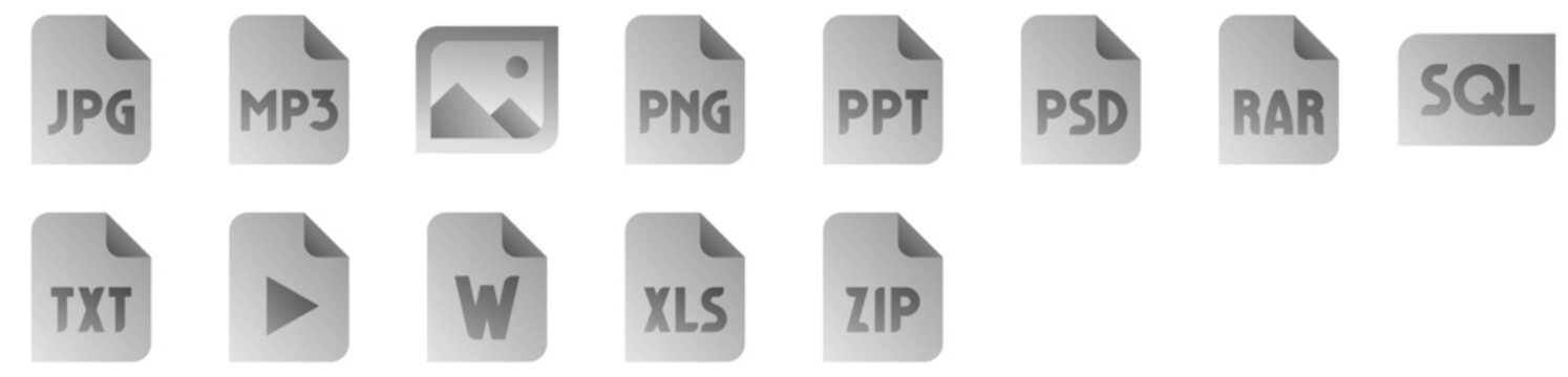 File Types Icon Set: format, data, filetype, extension, document, video, compression, text, image, page. Vector icon collection.