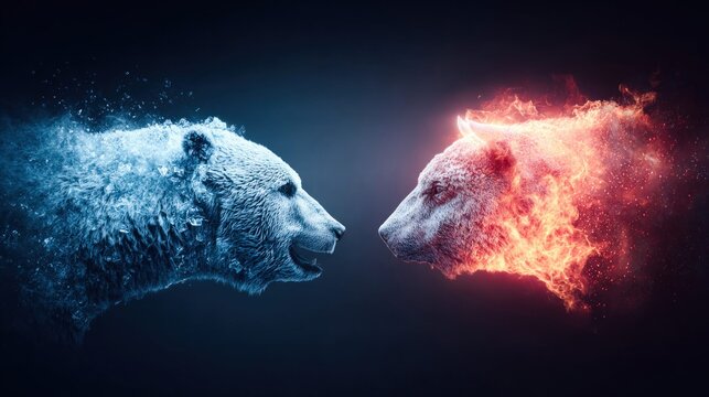 Conceptual artwork of opposing forces: ice bear versus fire bull