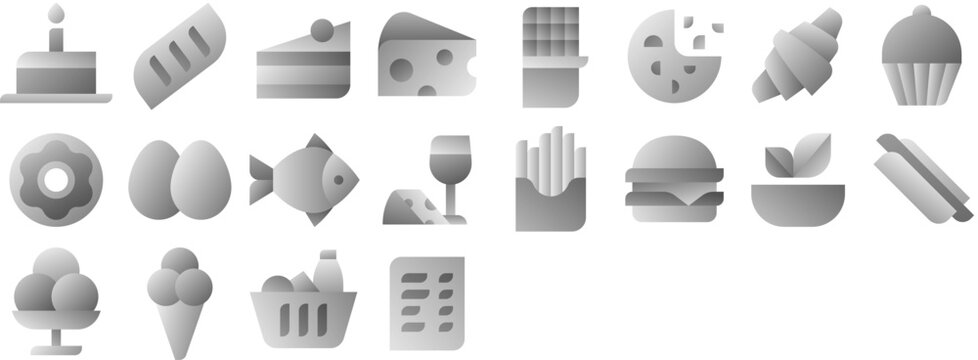 Food including meal, cake, cuisine, sweet, snack, dish, bread, dessert, cheese, cookie, nutrition. Vector icon collection.