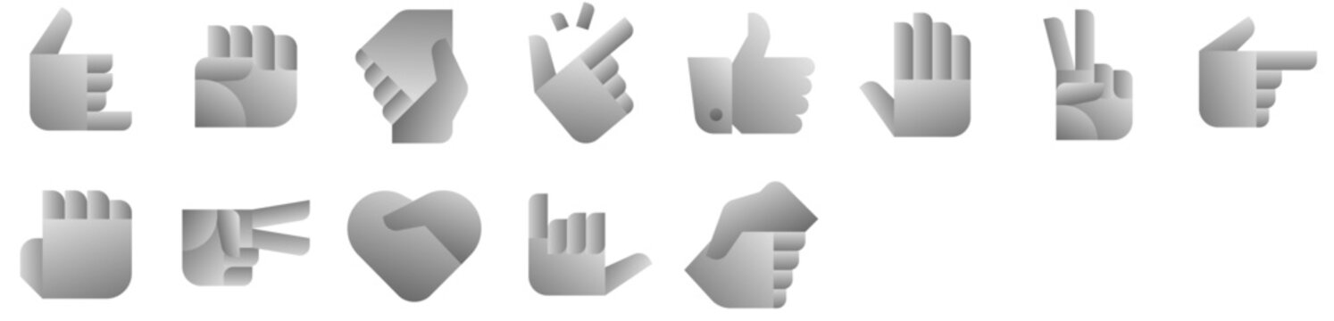 Hands: gesture, sign, handshake, finger, language, heart, fingers, hands, thumb, support, peace, symbol. Vector icon pack.
