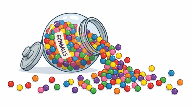 A glass jar filled with colorful gumballs spilling out onto a white surface, with a label that reads Gumballs
