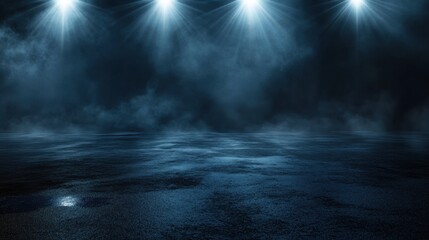 Obraz premium Dark, wet asphalt reflecting blue spotlight rays through smoke