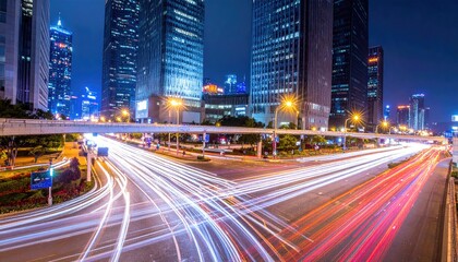 Naklejka premium Urban nightscape with blurred light trails across a wide avenue, buildings towering in the background