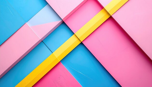 Abstract angled composition of pink, blue, and yellow rectangles with subtle shadows and textured surfaces