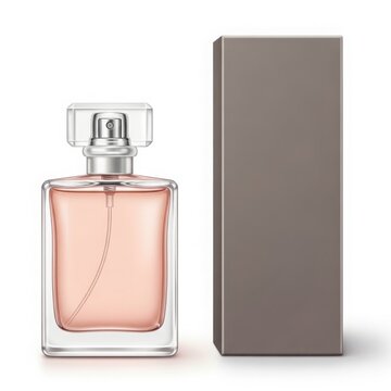 Pink perfume bottle with gray box isolated on white background