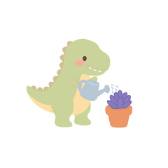Cute Dinosaur Watering Potted Plant, Flat Color Vector Illustration © zukinny6