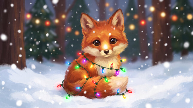 Cute red fox cub wrapped in Christmas lights sitting in snowy winter forest