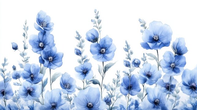 adorable watercolor monkshood flowers, soft blue, white background