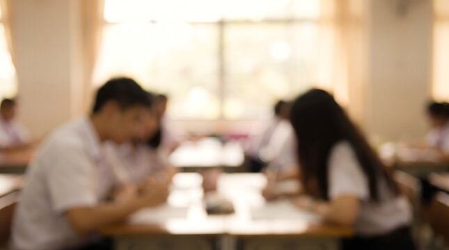 Soft focus view of students sitting at desks in a classroom environment representing an academic setting for study and learning in schools and universities with warm natural lighting