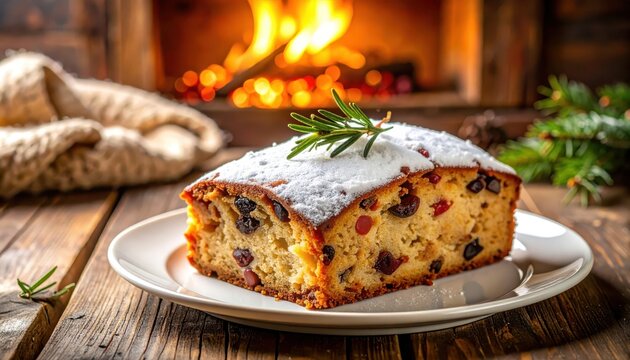 Warm Christmas fruitcake with powdered sugar dusted on top, served by a cozy fireplace with festive decorations