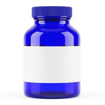 Blue plastic bottle cap and container isolated on white background