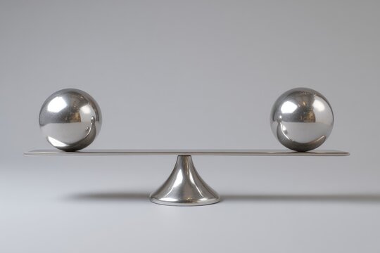 Metallic spheres perfectly balanced on a fulcrum. The objects' smooth surfaces reflect light against a pale grey backdrop