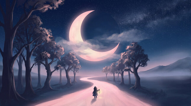 Child holding lantern walking on path toward giant crescent moon illustration