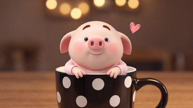 Cute 3D illustration of tiny pink pig peeking out of a polka dot mug