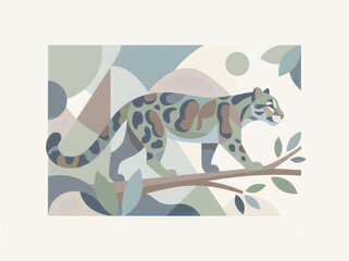 Fototapeta premium Minimalist vector art of clouded leopard with color blocks in muted greens, blues, browns, geometric background, Scandinavian design