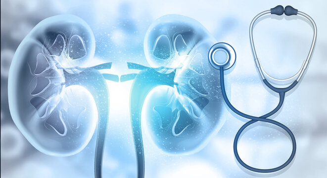 Human kidney anatomy model with a medical stethoscope representing nephrology and urology health. 3d illustration